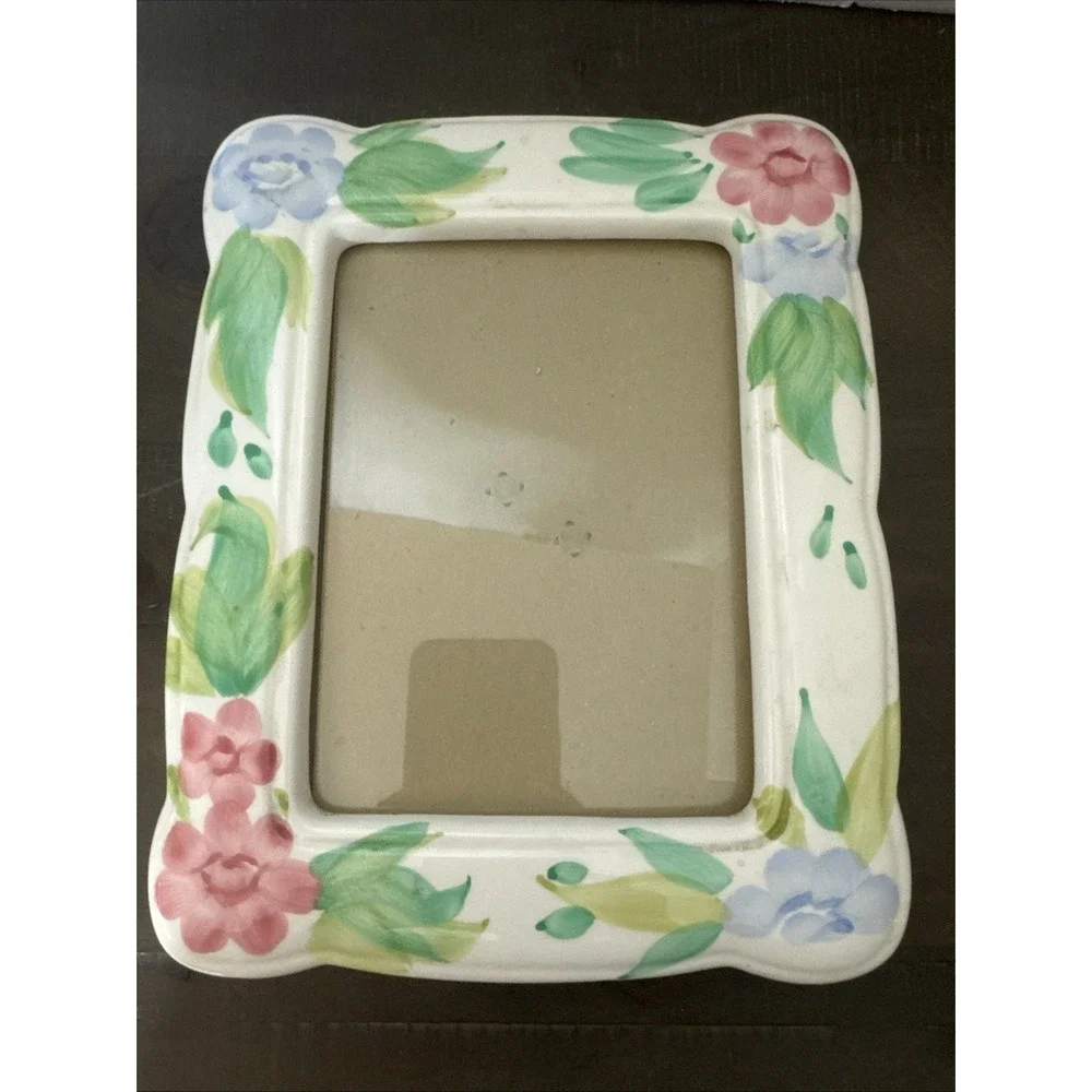 Vintage PINK Flower,Green Leaves Ceramic Picture Frame 4.5x6.5
